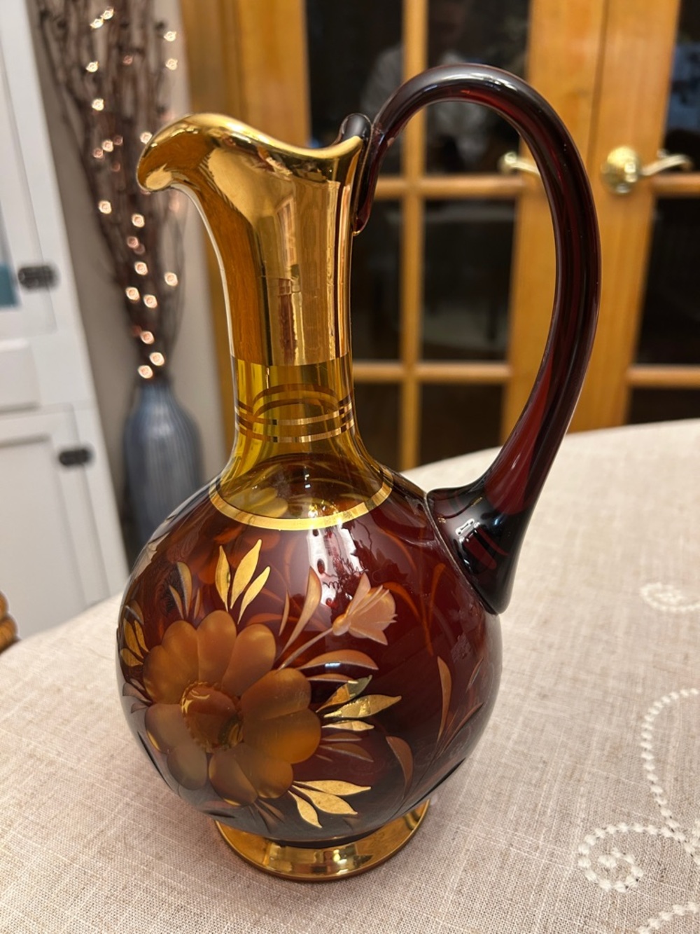 Vintage Amber Glass Ewer with Gold Floral Accents